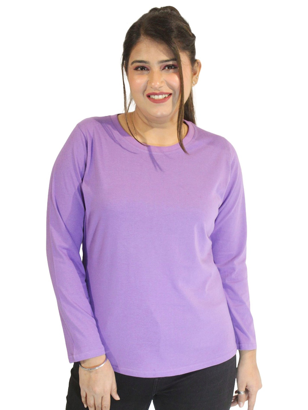 

PINK SHELL Women Solid Round Neck Cotton T-shirt, Lavender