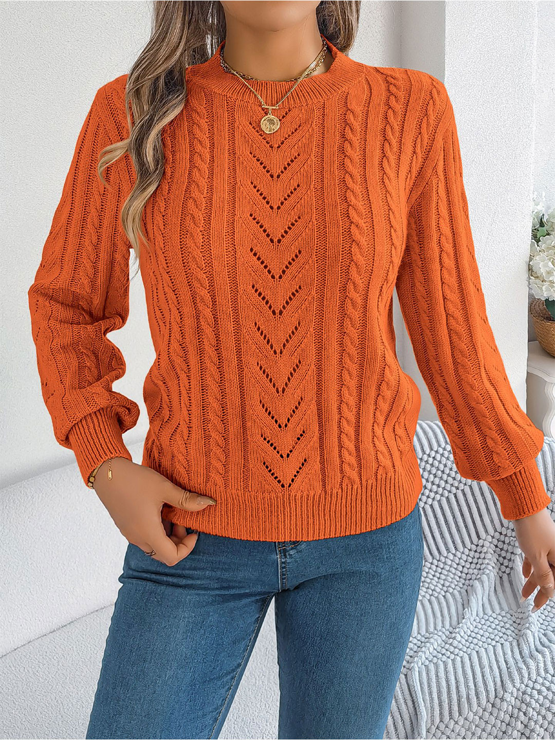 

StyleCast x Revolte Women Cable Knit Self Design Pullover, Orange