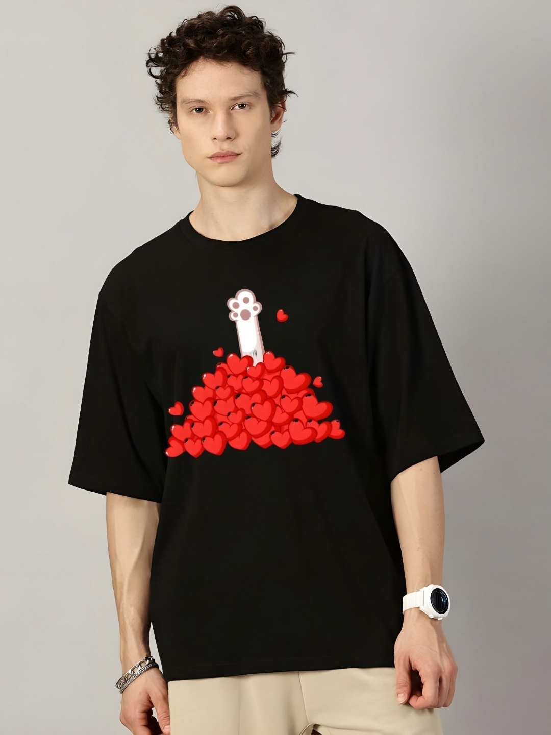 

Krimmple Men Graphic Printed Round Neck Cotton Oversized T-shirt, Black