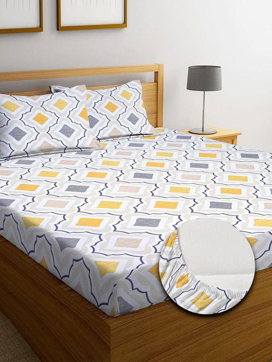 

THE little BIG STORE Cream-Coloured & Yellow Geometric 260 TC King Bedsheet with 2 Pillow Covers