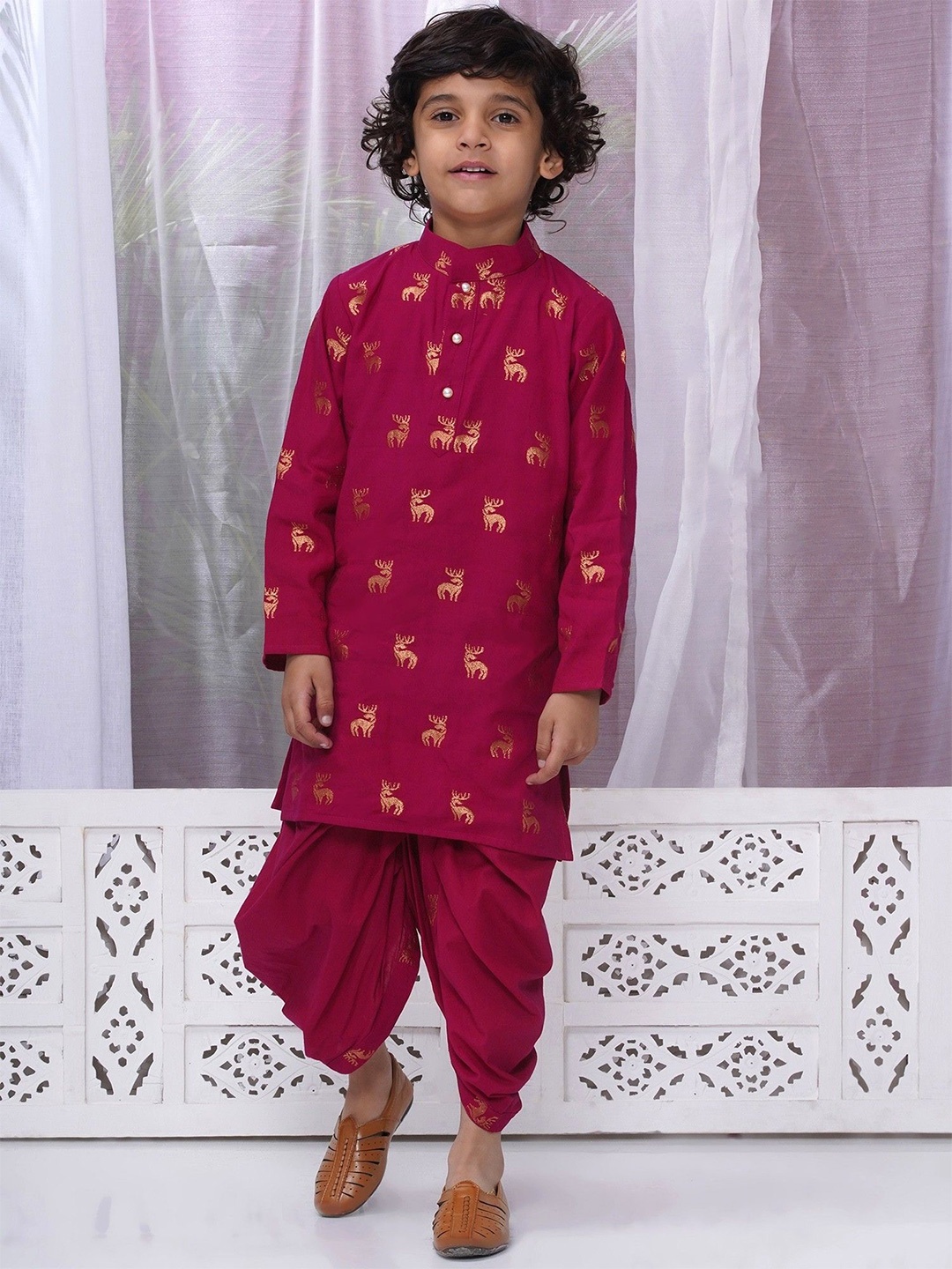 

Little Bansi Boys Woven Design Regular Pure Cotton Kurta with Dhoti Pant, Red