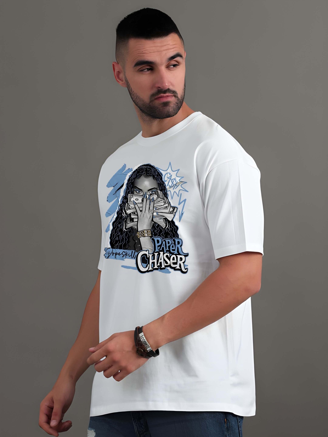 

Krimmple Men Graphic Printed Round Neck Pure Cotton Oversized T-shirt, White