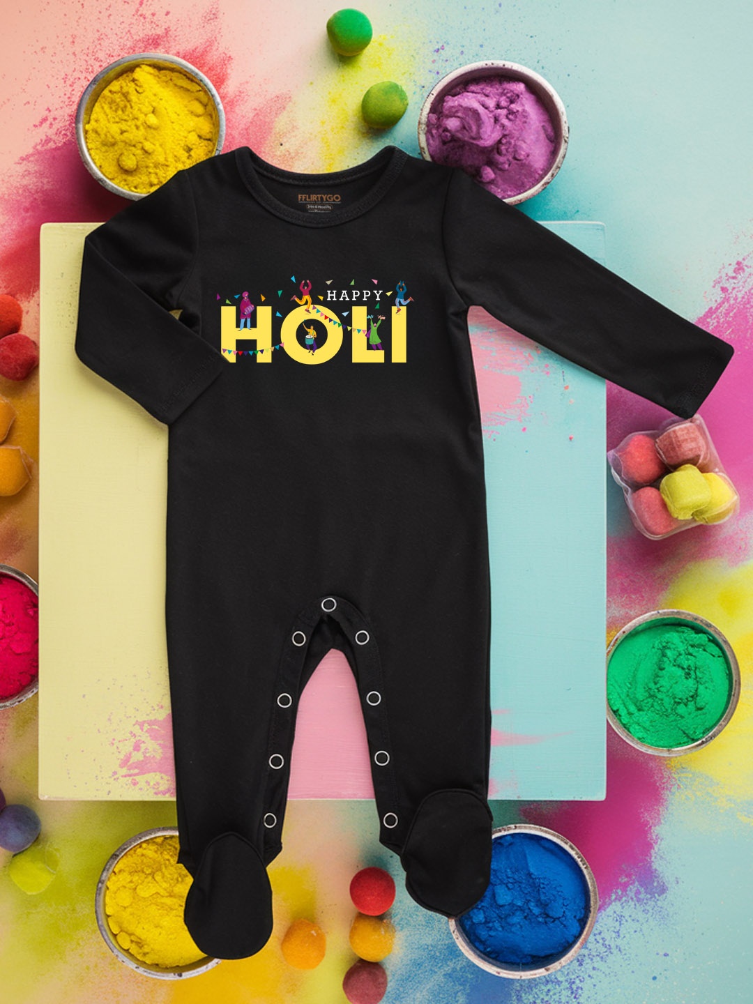 

FFLIRTYGO Infants Holi Printed Cotton Sleepsuit, Black