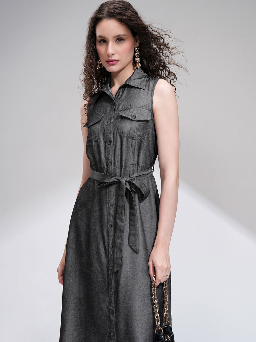 

Tokyo Talkies Women Denim Sleeveless Waist Tie-Up Midi Dress, Charcoal