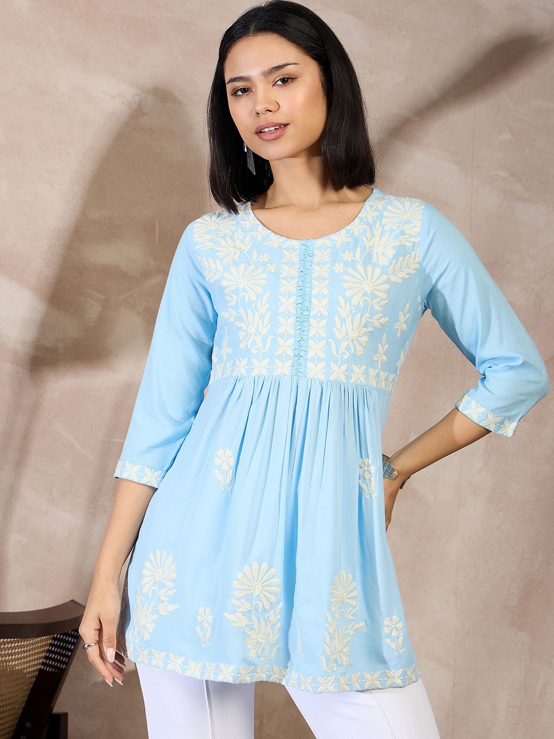 

all about you Floral Chikankari Embroidered Peplum Top, Blue