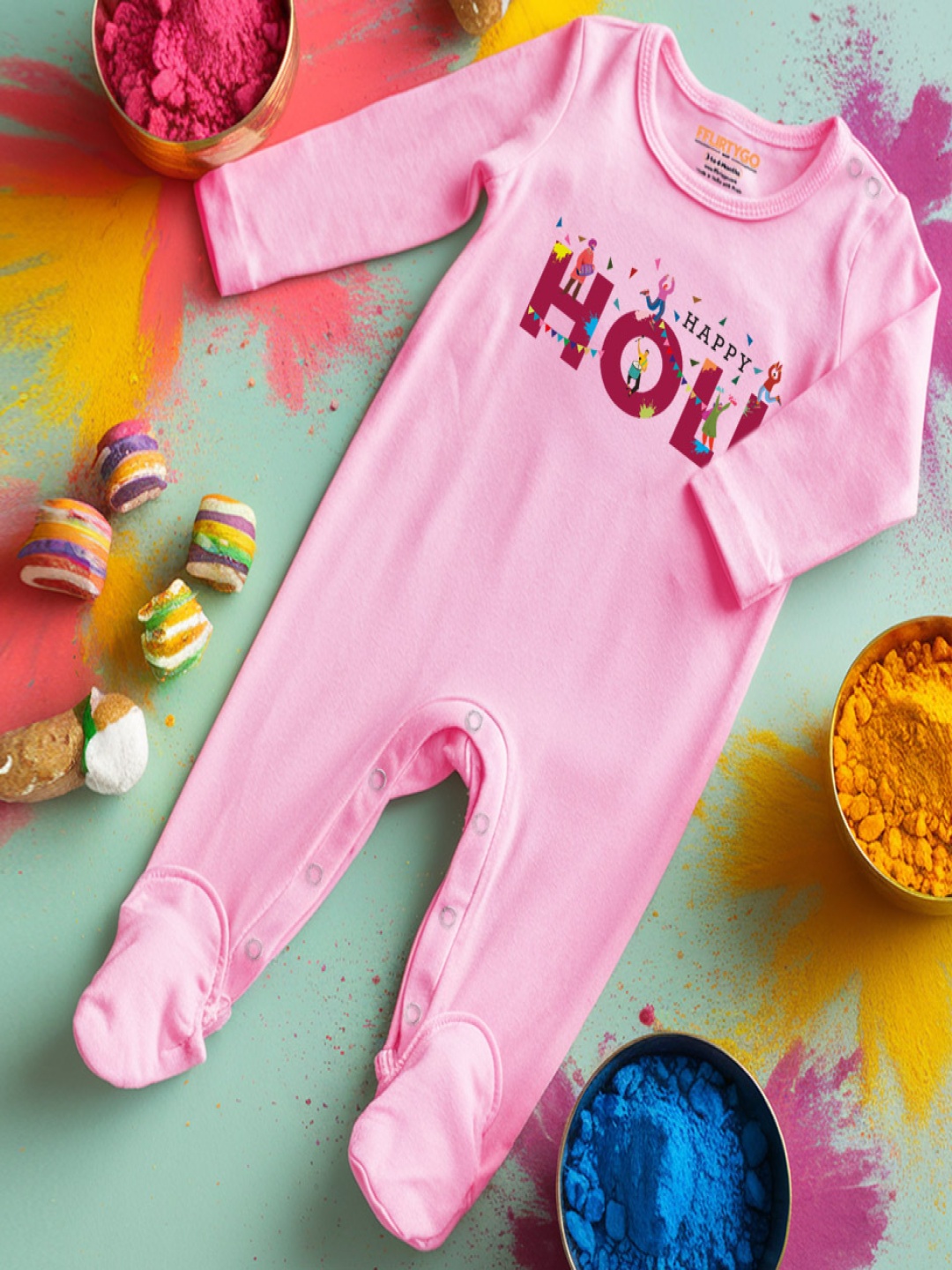 

FFLIRTYGO Infants Holi Printed Cotton Sleepsuit, Pink