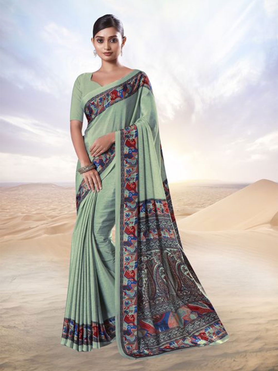 

Jaanvi Ethnic Motifs Printed Pure Crepe Saree, Green