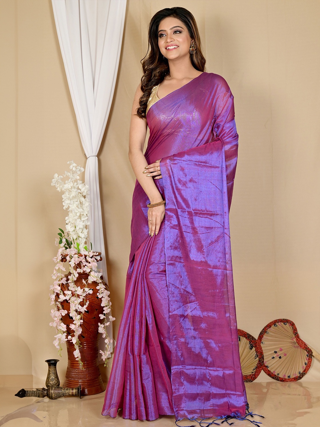 

PuJoy Pure Cotton Taant Saree, Purple