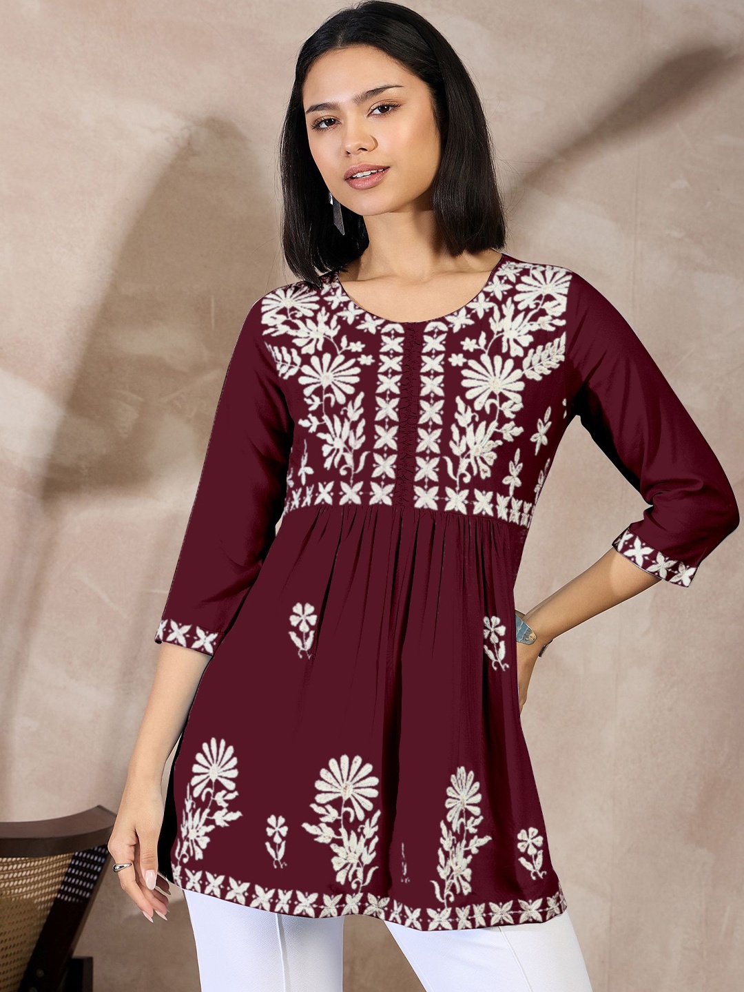 

all about you Women Embroidered A-Line Top, Maroon