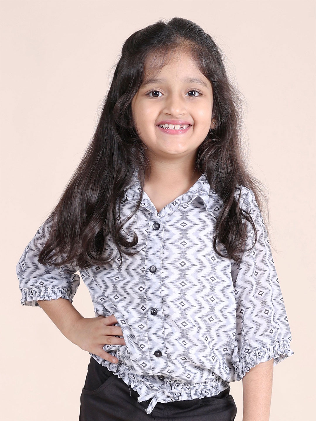 

KiddoPanti Girls Printed Shirt Style Top, White