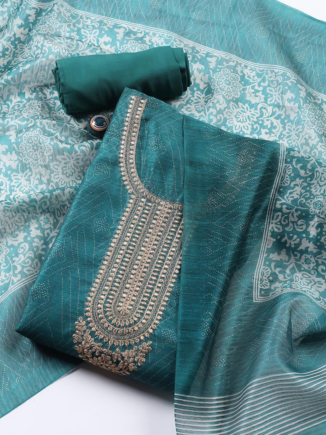 

Meena Bazaar Geometric Woven Design Sequinned Tussar Unstitched Dress Material, Teal