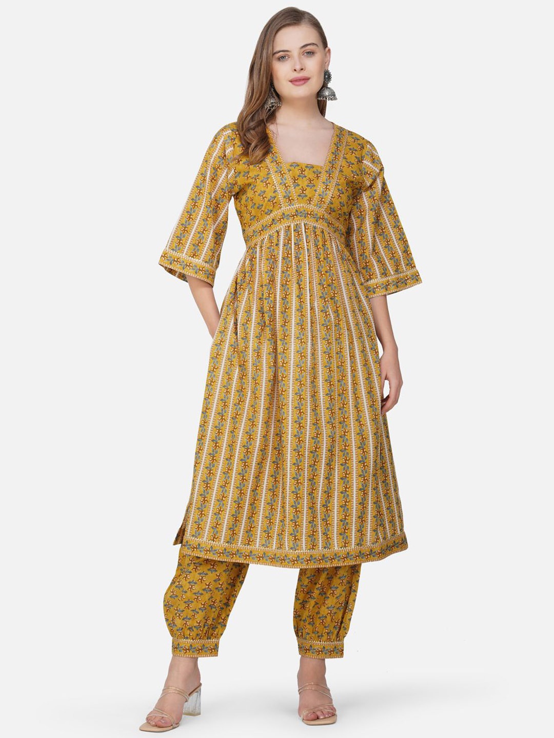 

Damira Floral Printed Square Neck Empire Pure Cotton Straight Kurta With Salwar, Yellow