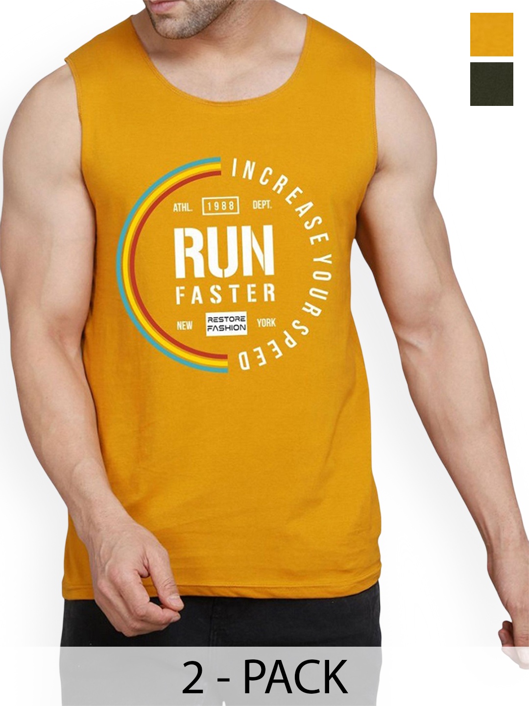 

WOOSTRO Pack Of 2 Printed Combed Cotton Gym Vest RS26 CMB (HARD OLIVE) (RUN MUSTARD)