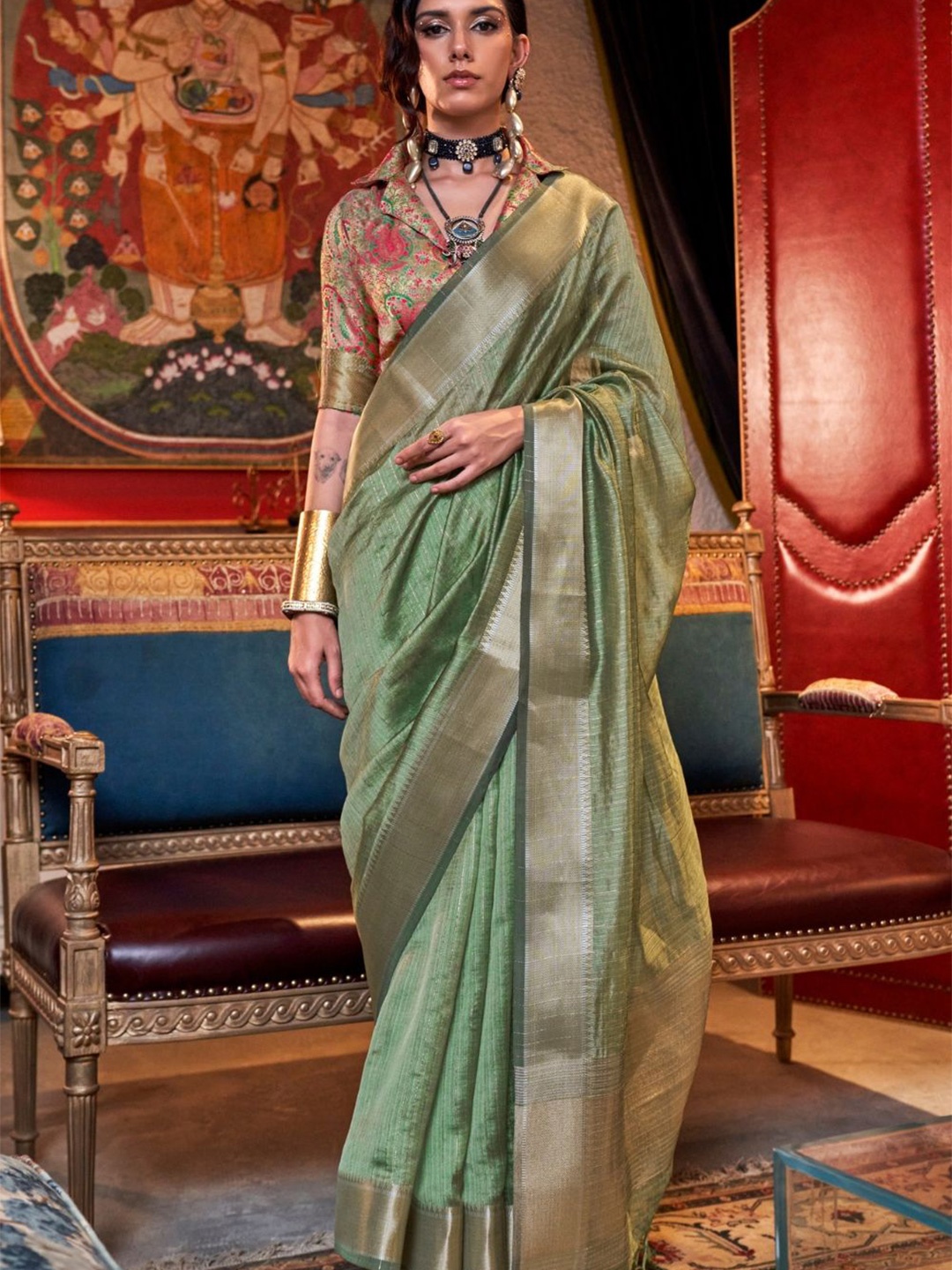 

BLENDIFY Woven Design Zari Poly Chiffon Banarasi Saree, Green