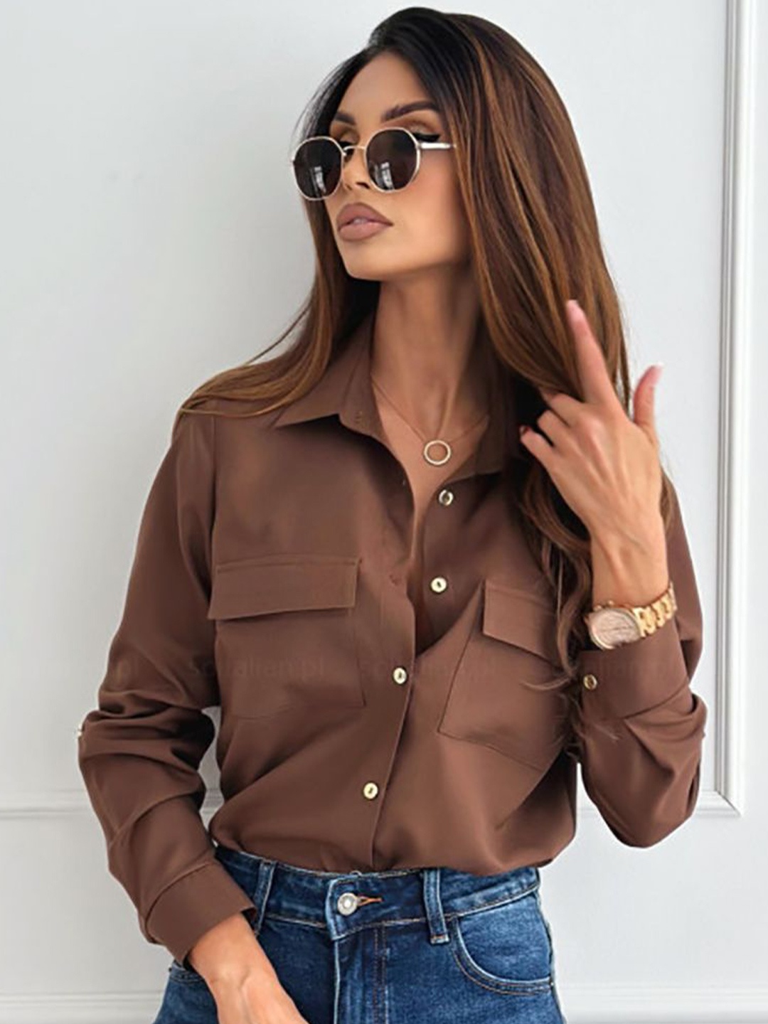 

StyleCast x Revolte Women Spread Collar Solid Casual Shirt, Brown