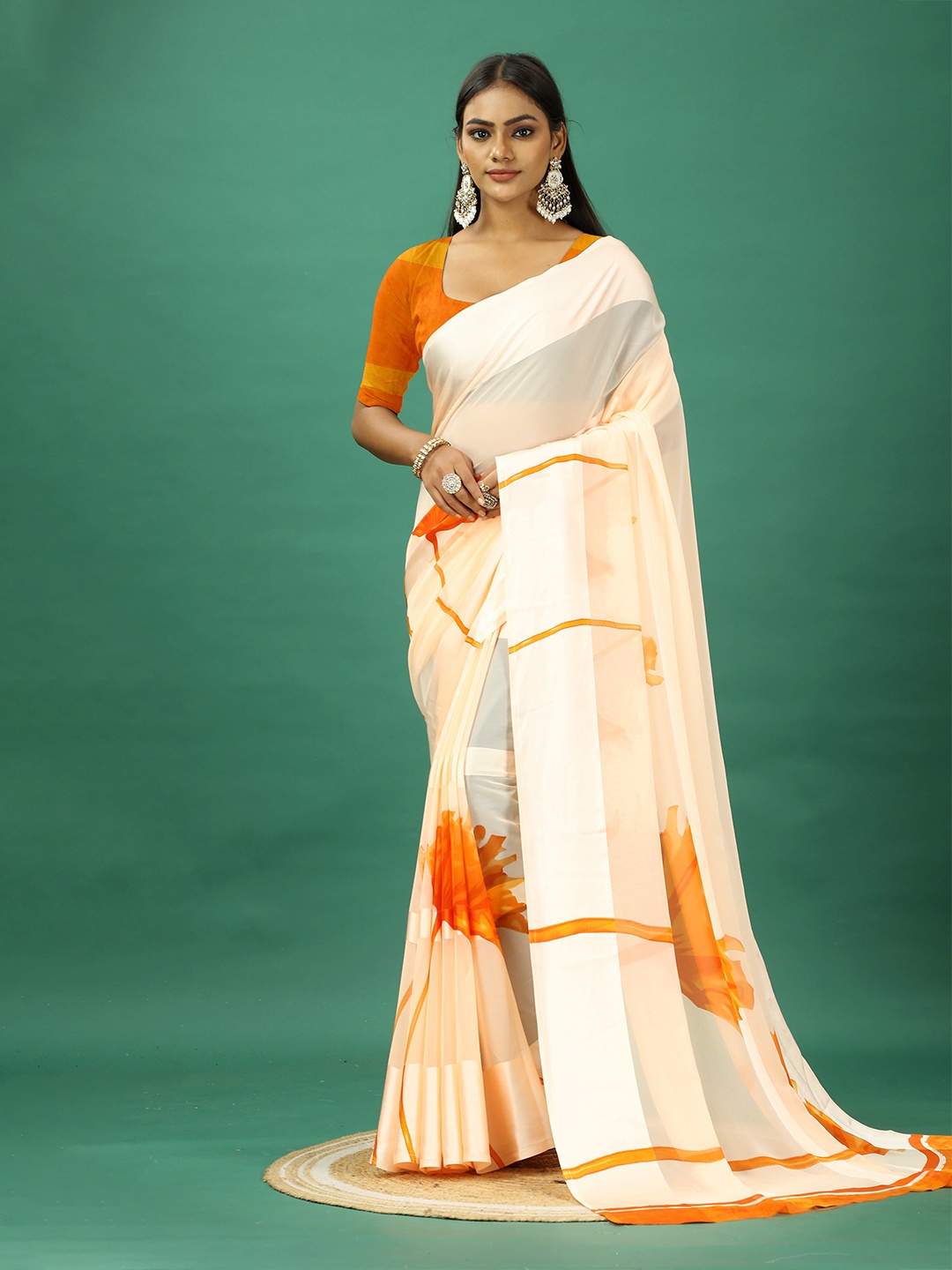 

NIRMAL CREATION Floral Printed Satin Saree, Orange