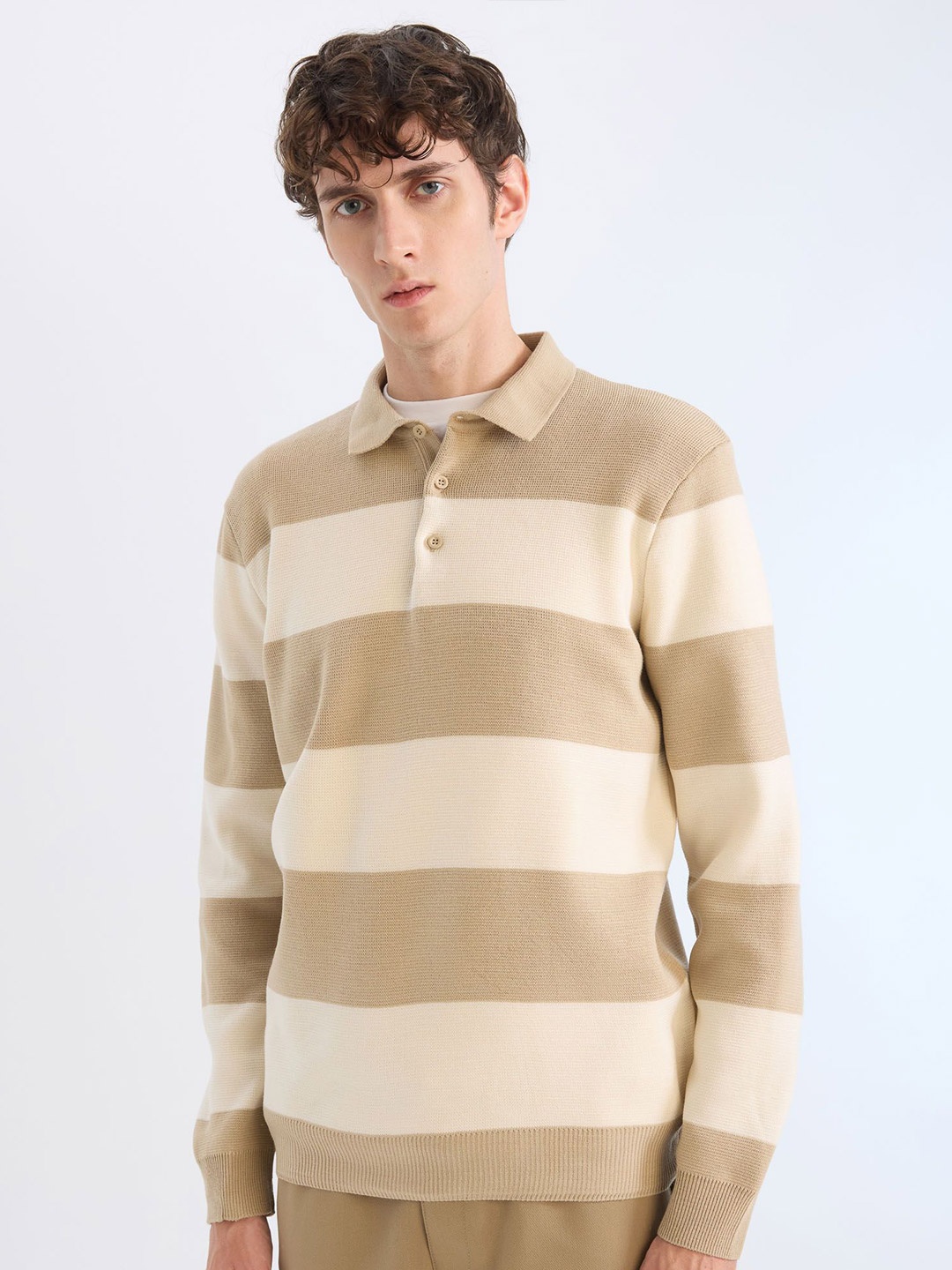 

DeFacto Men Striped Shirt Collar Pullover Sweaters, Beige