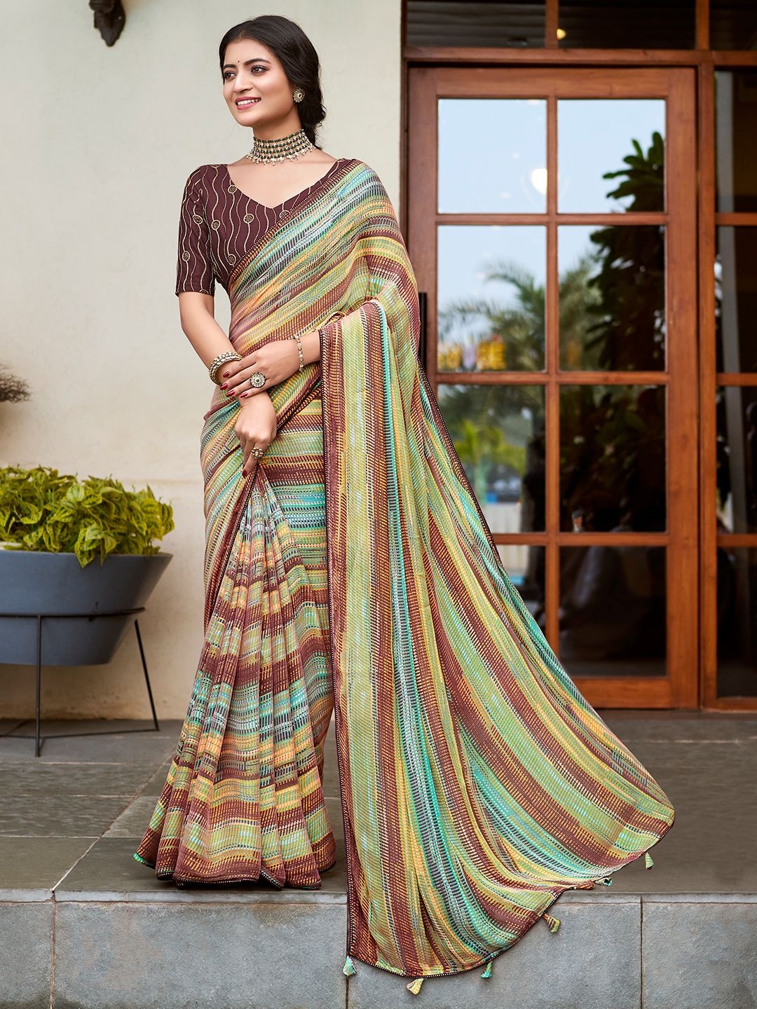

Mitera Beads and Stones Poly Chiffon Bagru Saree, Brown