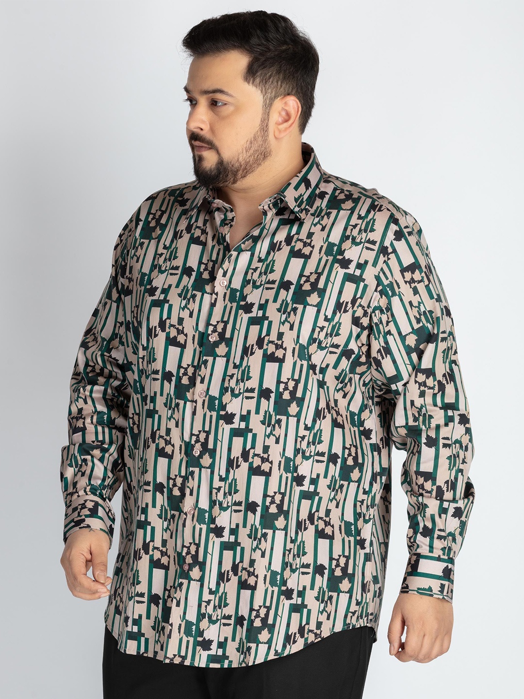 

UNSIZED Men Plus Size Comfort Oversized Fit Floral Printed Satin Casual Shirt, Beige