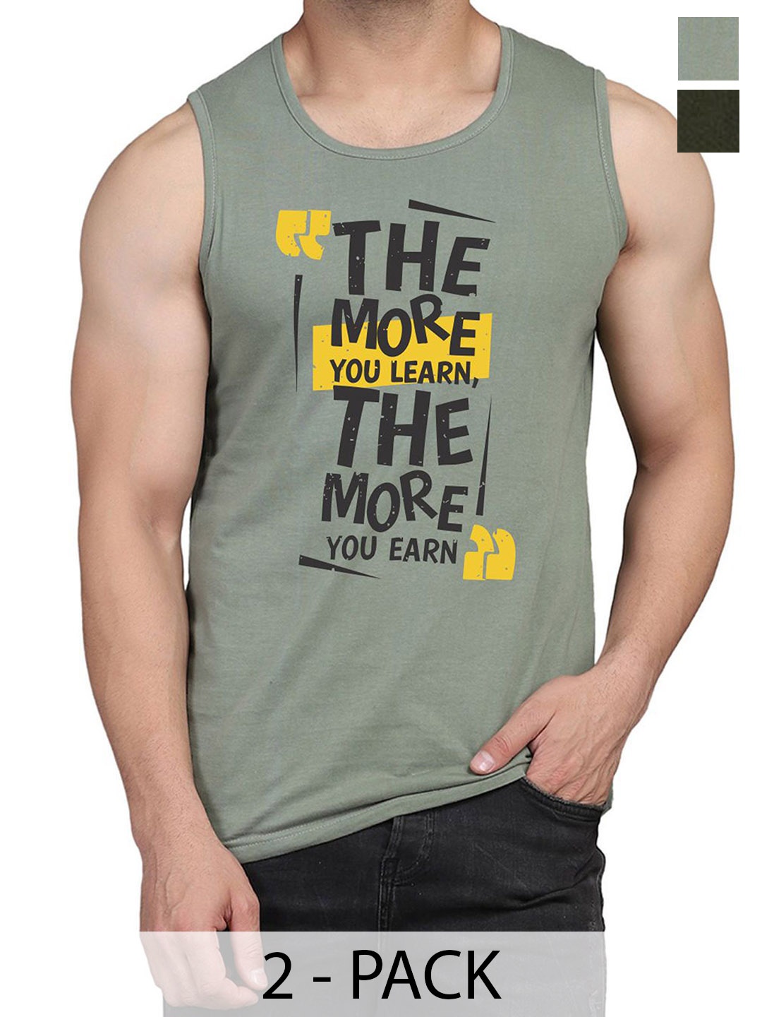 

WOOSTRO Pack Of 2 Printed Cotton Gym Vests RS26 CMB (MORE LGTGREEN) (HARD OLIVE), Green