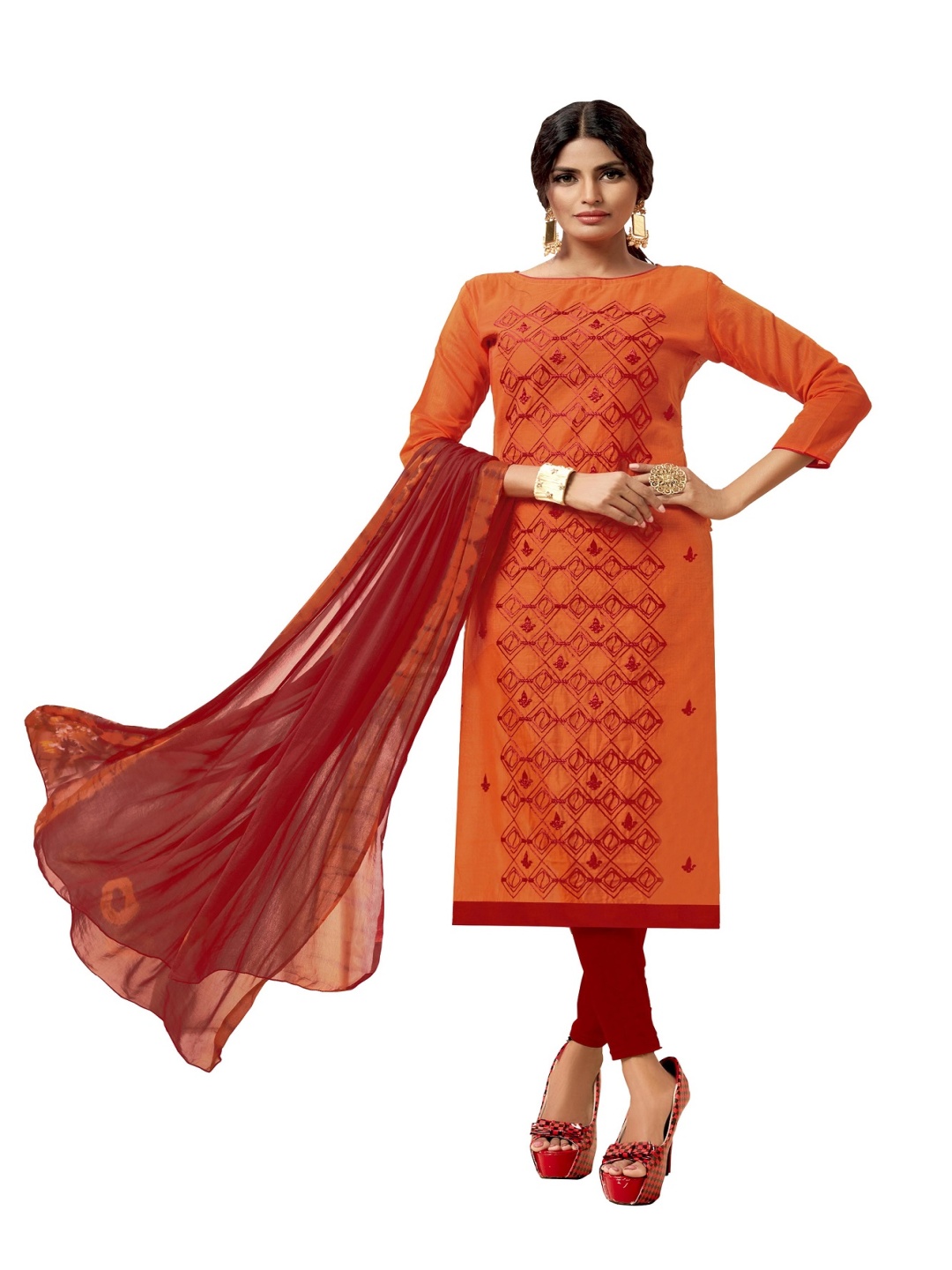 

HERE&NOW Ethnic Motifs Printed Unstitched Dress Material, Orange