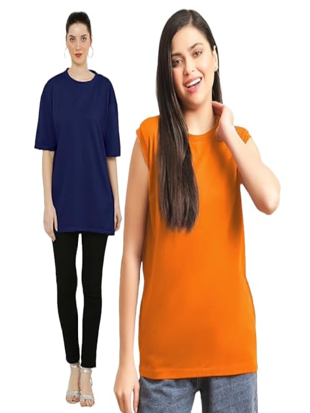 

NOTWILD Women Pack Of 2 Solid Round Neck Cotton T-shirts, Navy blue