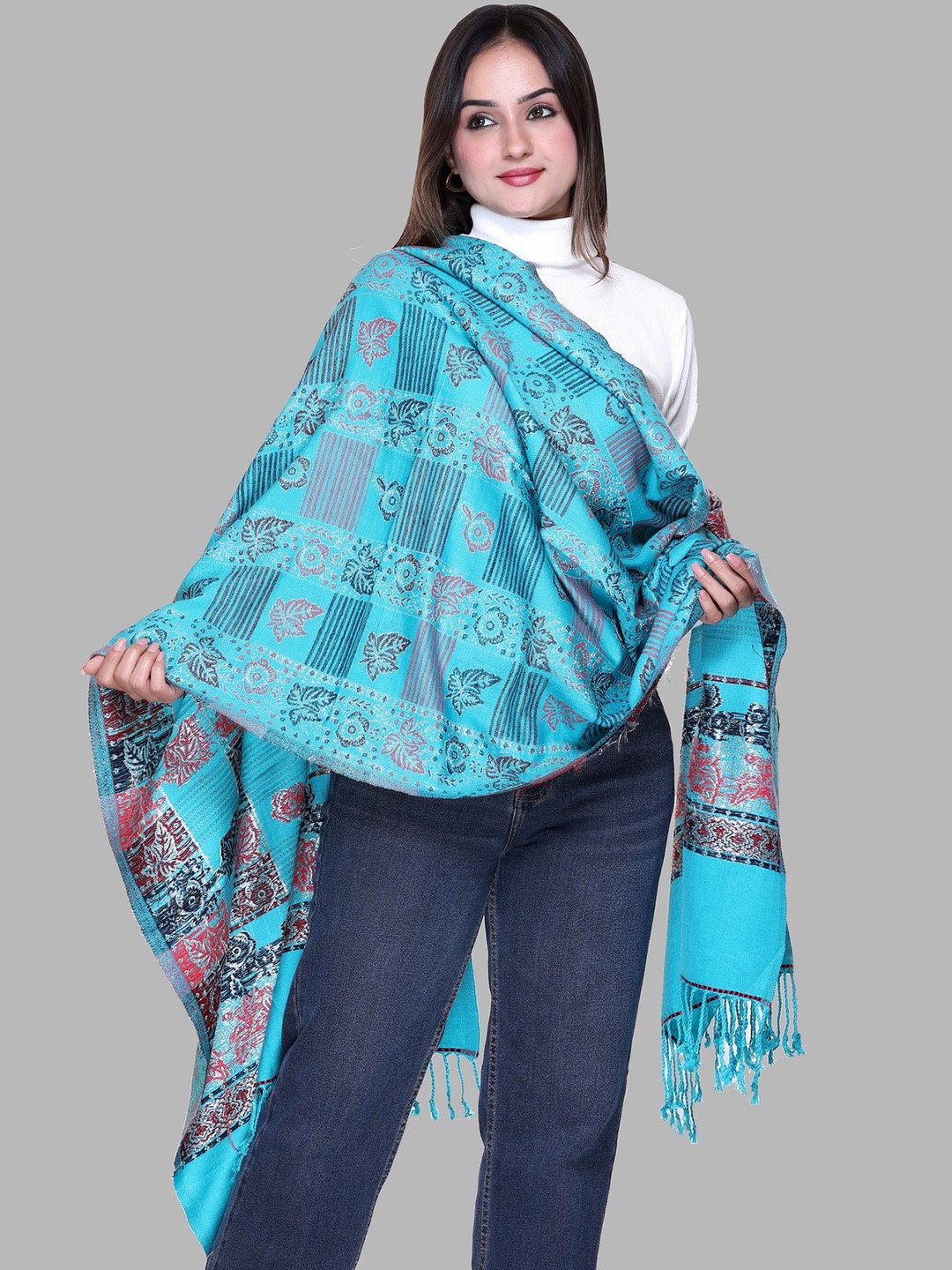 

Tones-N-Shades Women Ethnic Motifs Woven Design Shawl, Blue