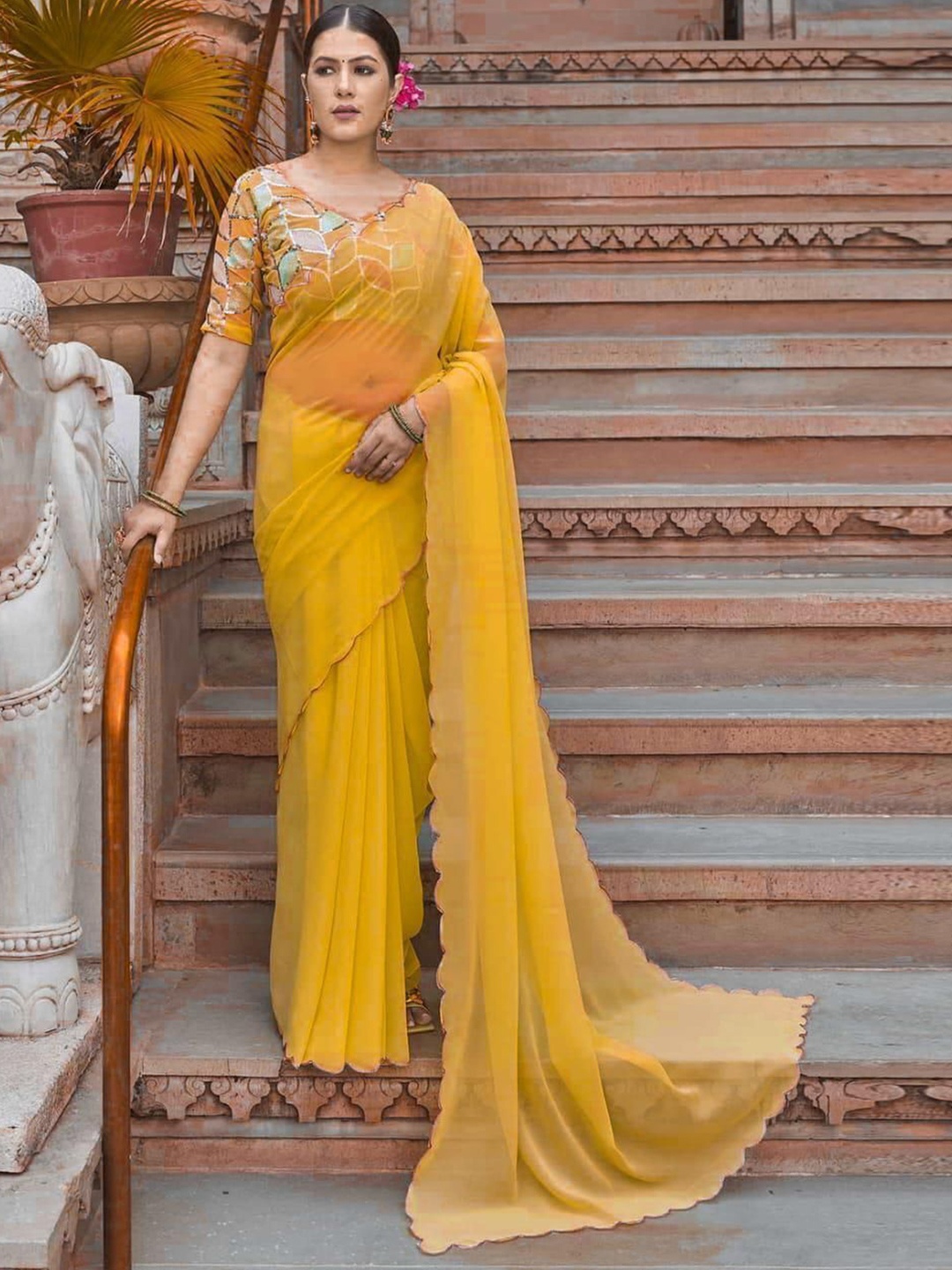 

bansari textiles Embroidered Border Saree, Yellow