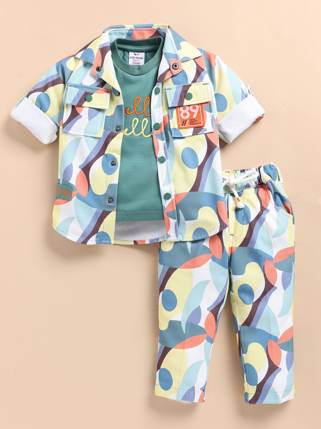 

LITTLE COLLARS Boys Printed Shirt Collar T-Shirt And Shirt With Trousers, Green
