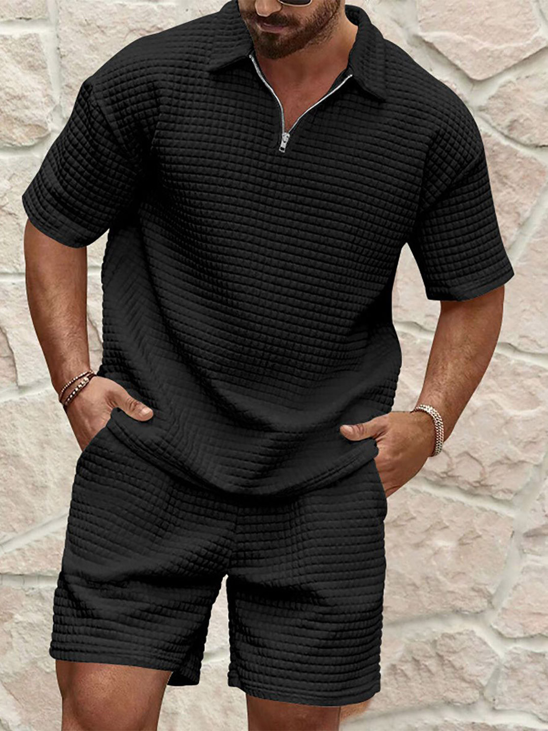 

StyleCast x Revolte Polo Collar T-Shirt And Shorts, Black