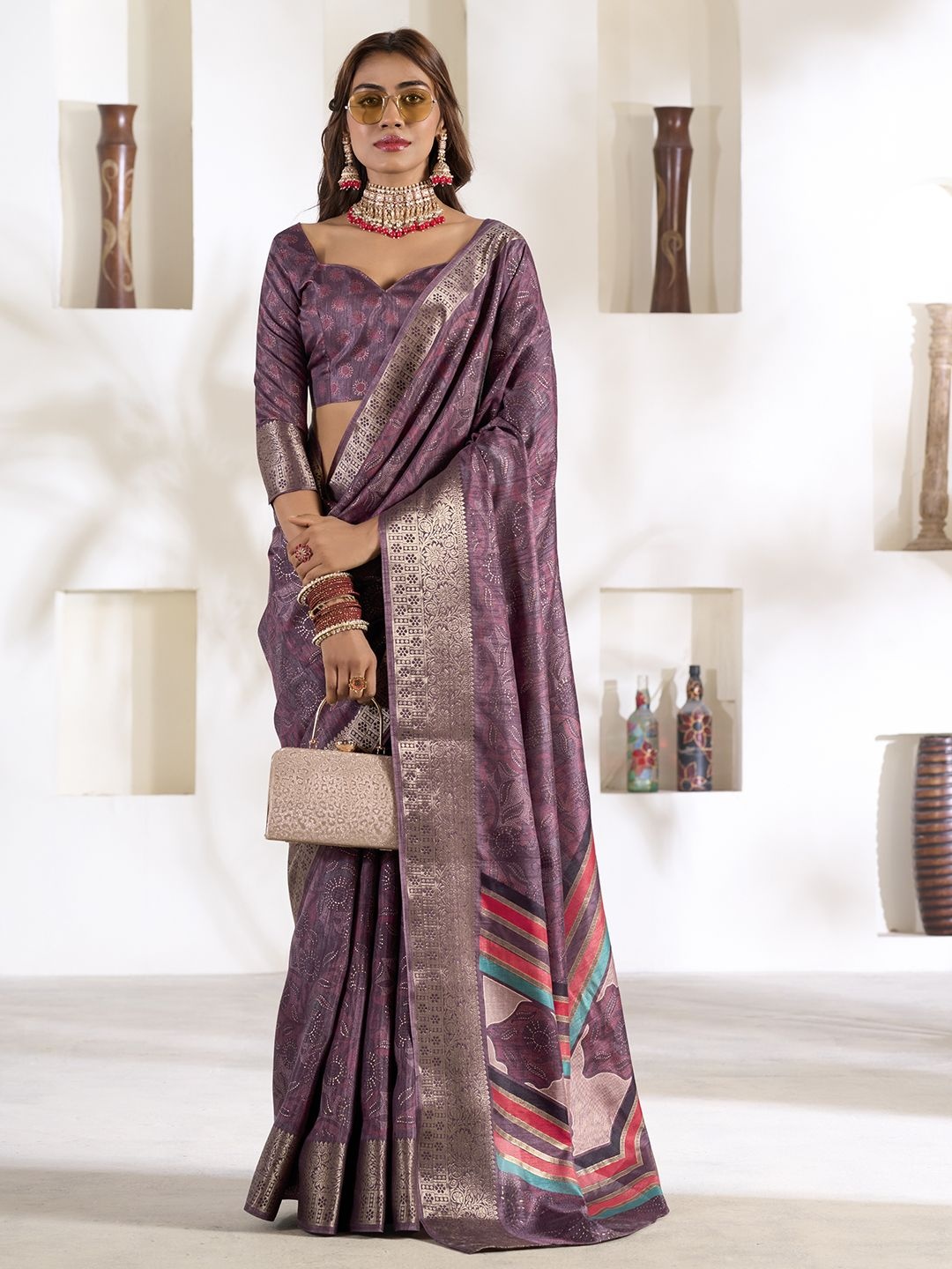 

Mitera Floral Printed Zari Saree, Purple