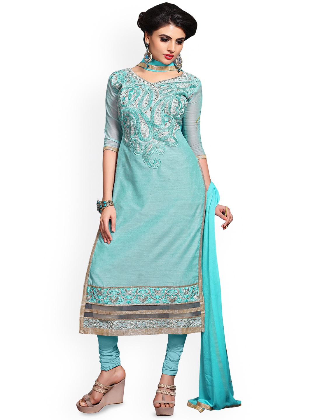 

HERE&NOW Paisley Embroidered Beads And Stoned Chanderi Cotton Unstitched Dress Material, Blue