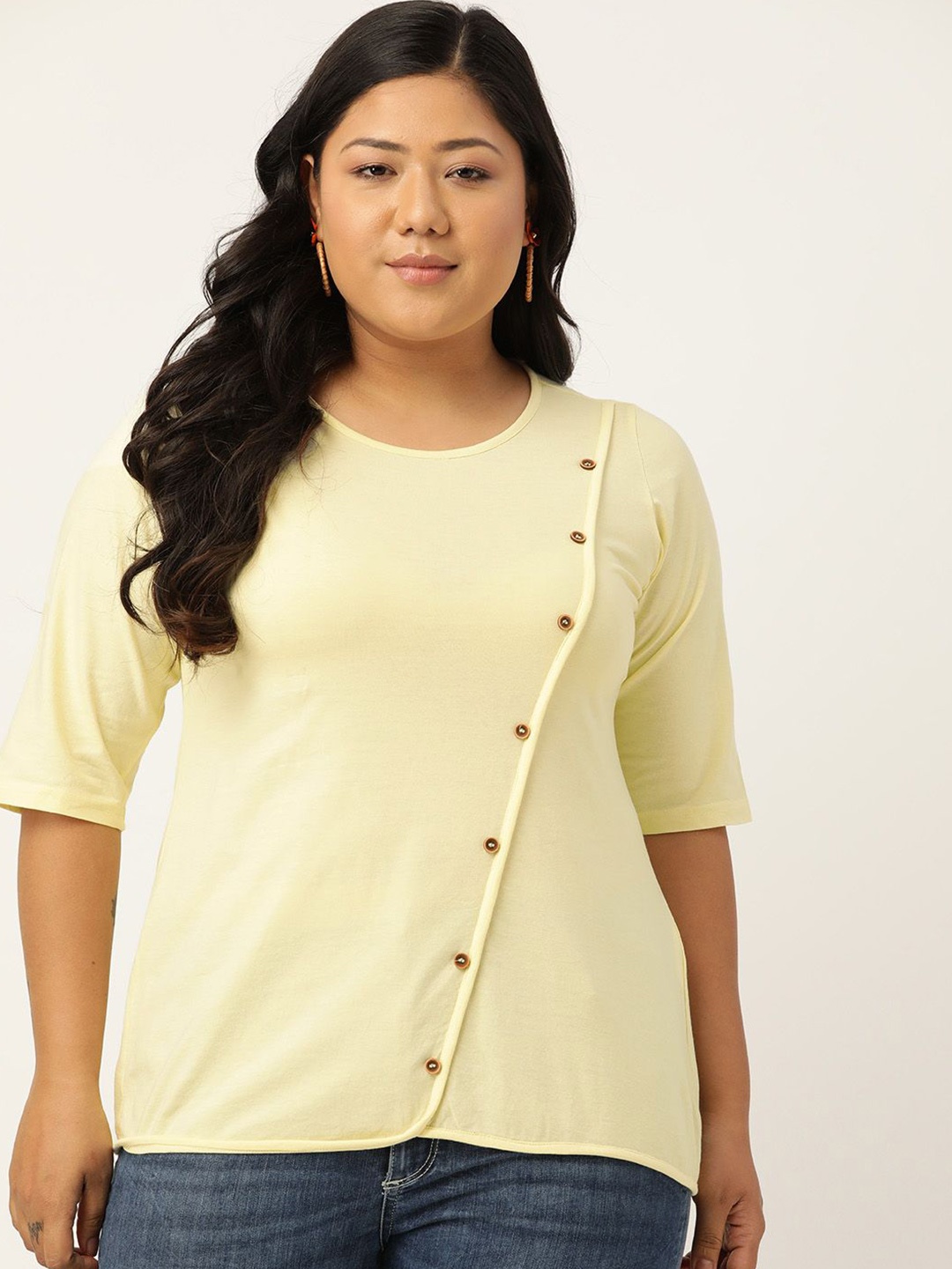 

theRebelinme Women Plus Size Round Neck Short Sleeves Pure Cotton Top, Yellow