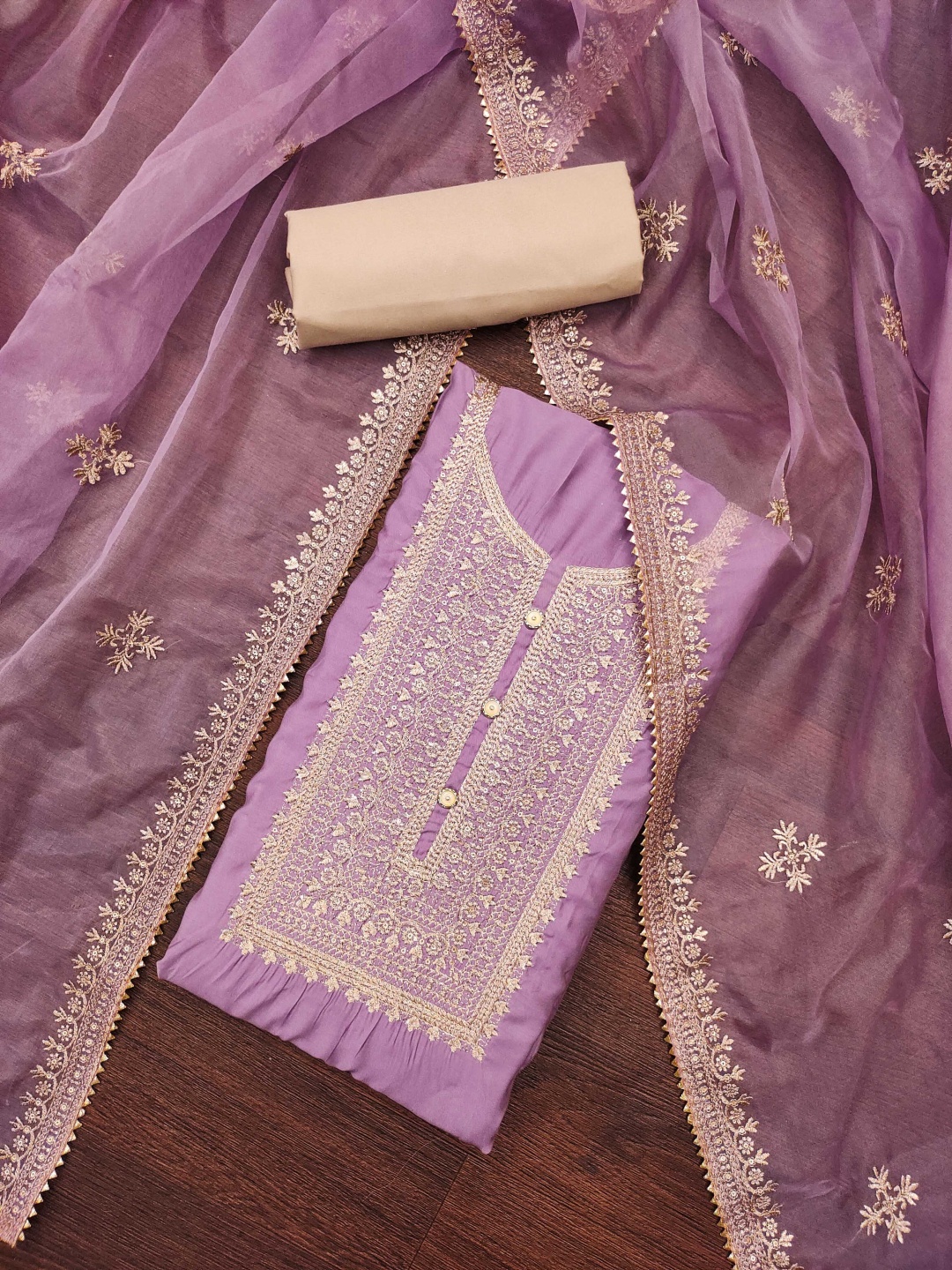 

Blissta Floral Embroidered Zari Work Unstitched Dress Material, Lavender