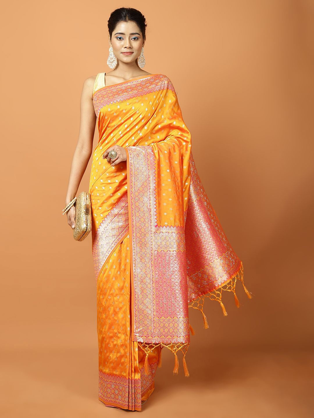 

Meena Bazaar Woven Design Zari Art Silk Banarasi Saree, Orange