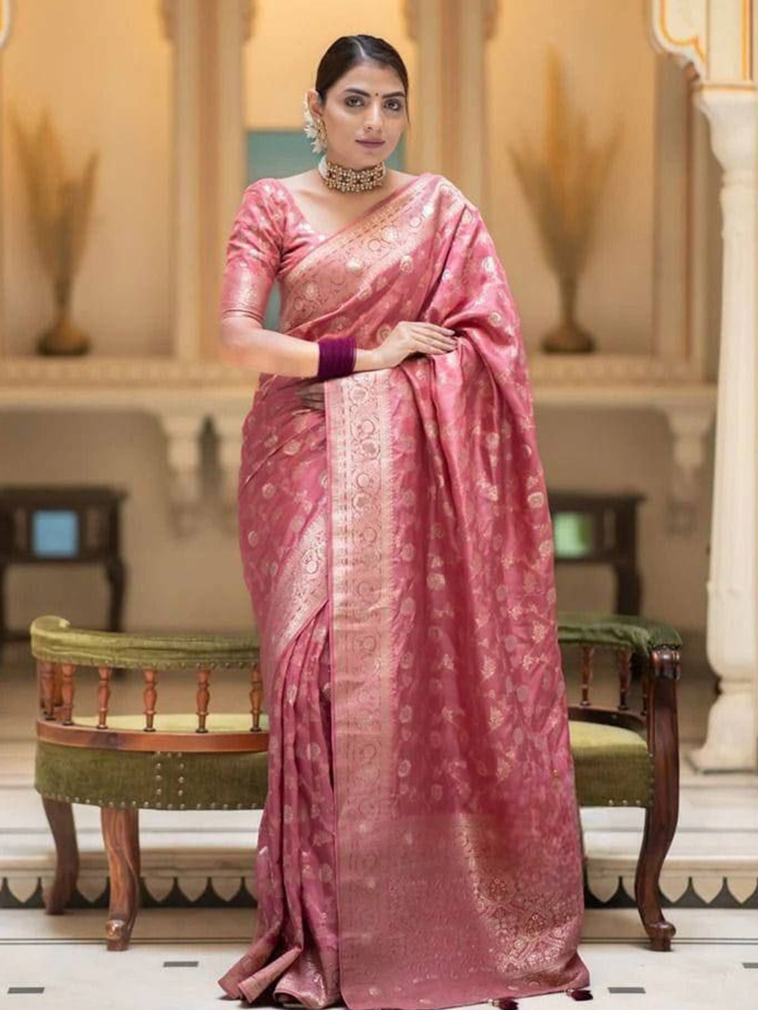

bansari textiles Woven Design Zari Kanjeevaram Saree, Pink