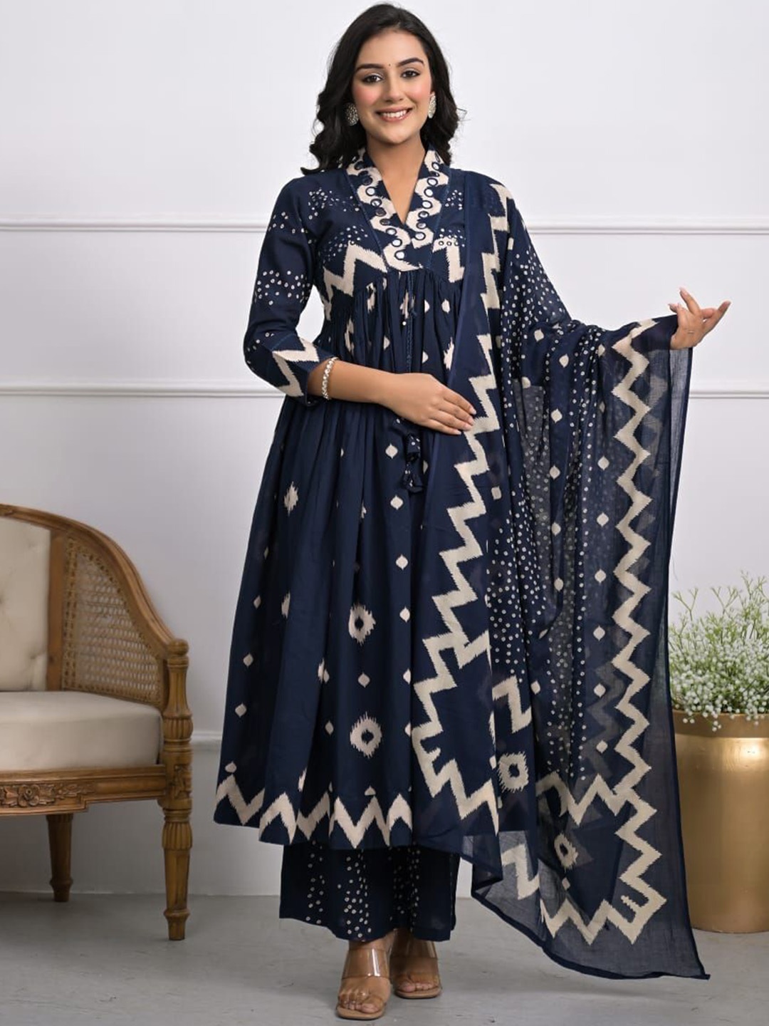 

Anouk Blue Beige Chevron Printed Mirror Work Pure Cotton Kurta With Palazzo And Dupatta