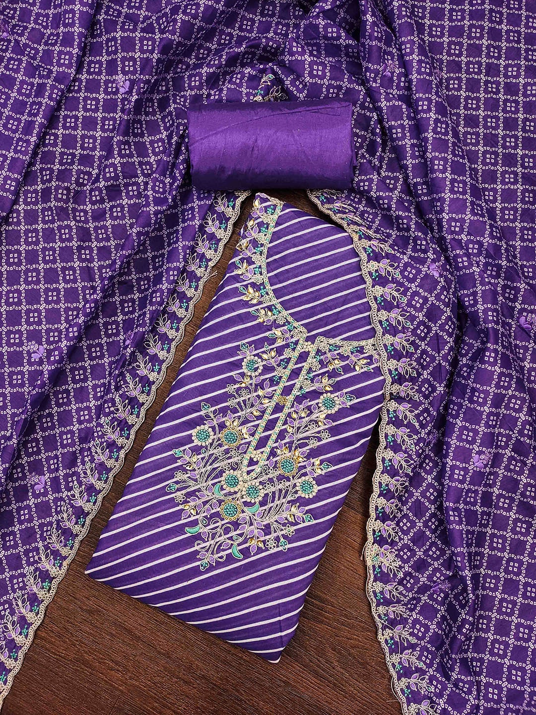 

KIMISHA Leheriya Printed Beads And Stones Unstitched Dress Material, Purple