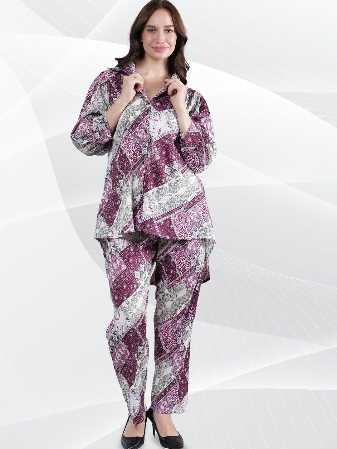 

NEYSA Ethnic Motifs Printed Shirt Collar High Low Shirt And Trousers, Purple