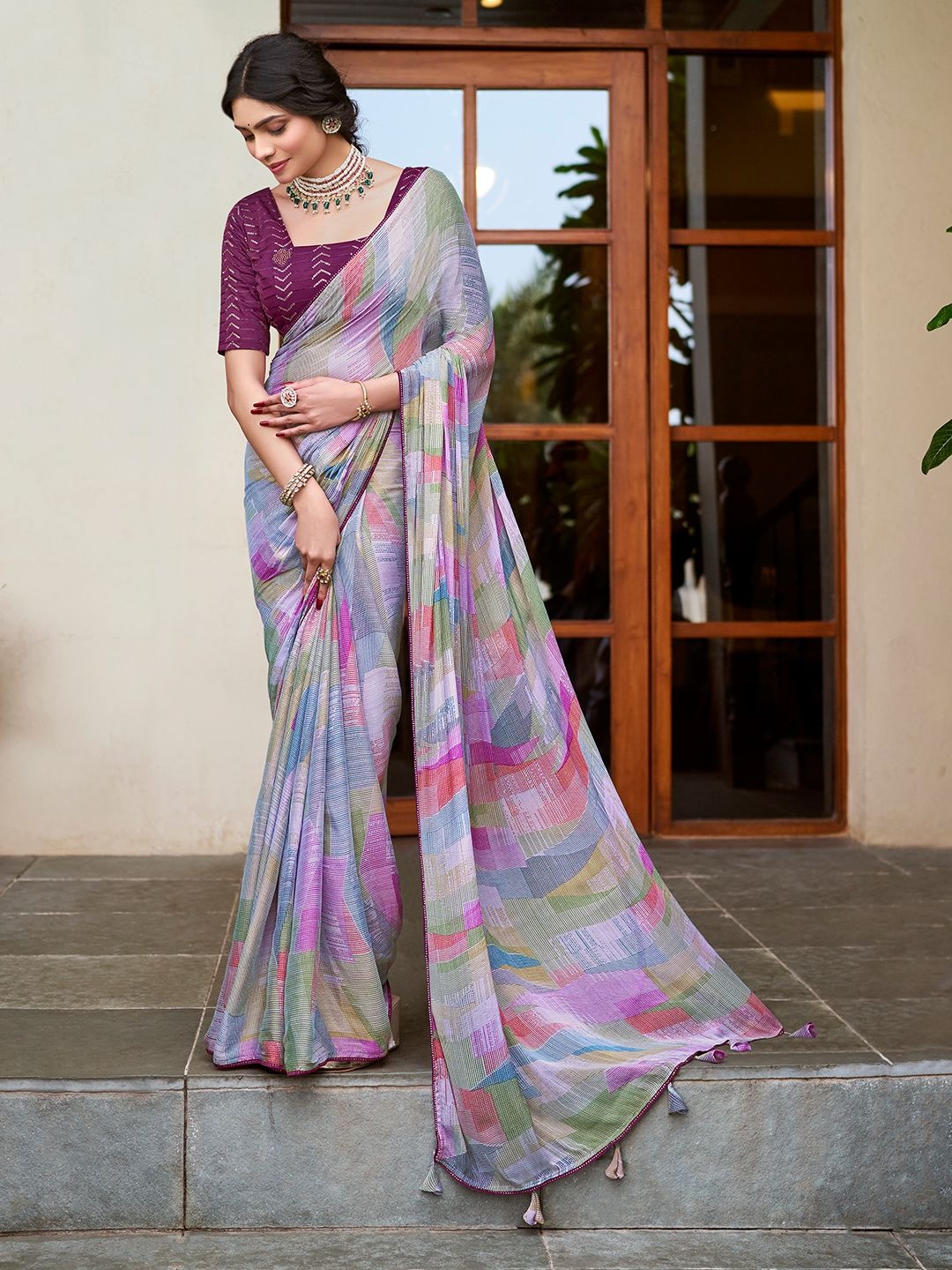 

Mitera Beads and Stones Poly Chiffon Bagru Saree, Pink