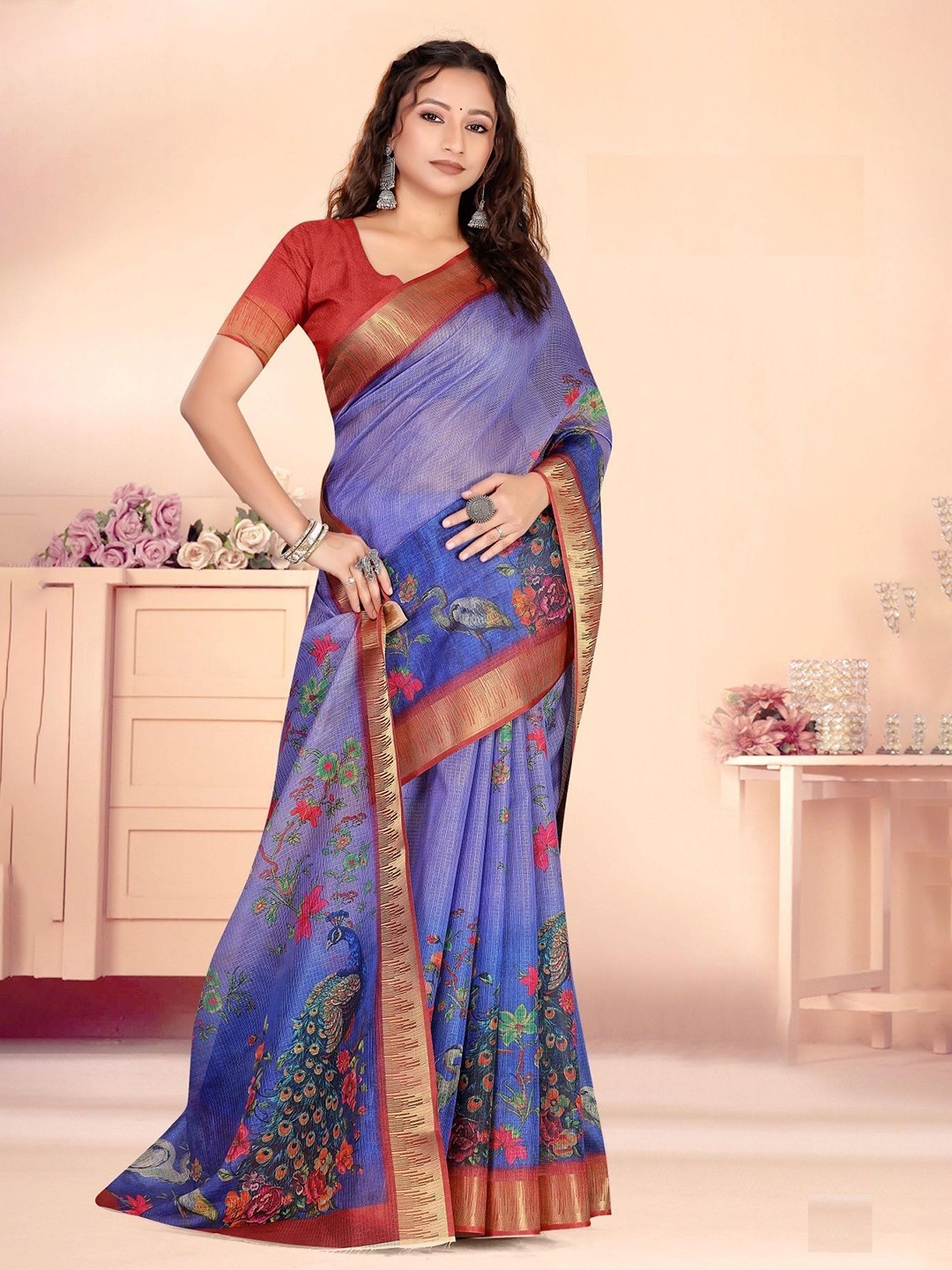 

Jaanvi Floral Printed Zari Saree, Purple