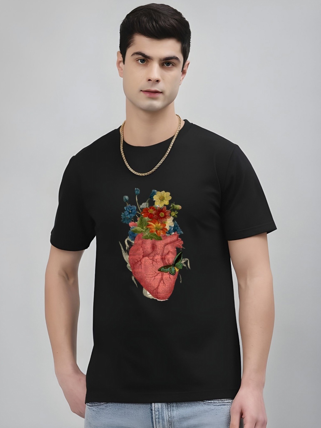 

Krimmple Men Floral Printed Round Neck Cotton T-shirt, Black