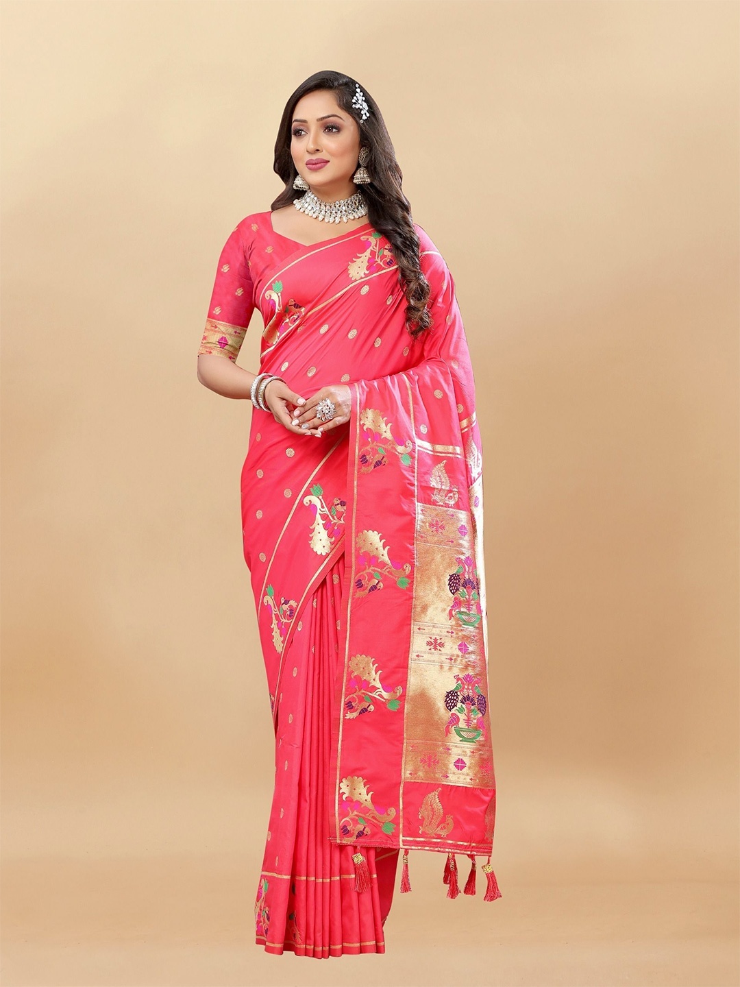 

bansari textiles Woven Design Zari Paithani Saree, Pink