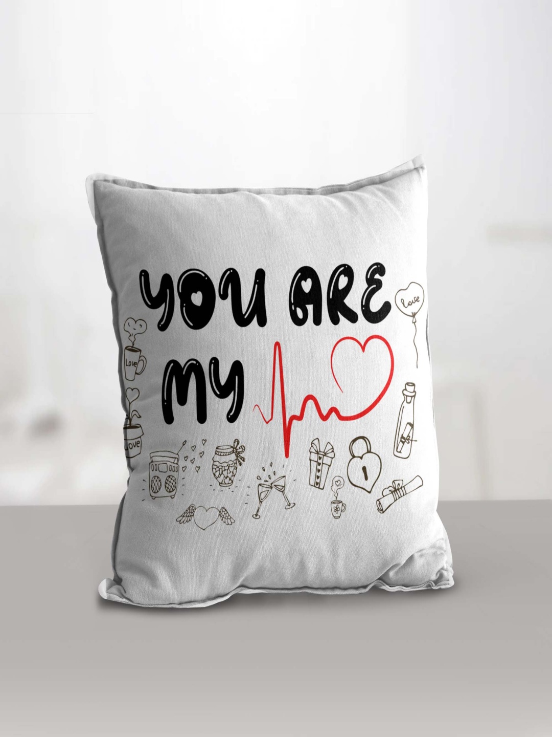 

eCraftIndia White & Black You Are My Heartbeat Quote Printed Square Pre-Filled Cushion