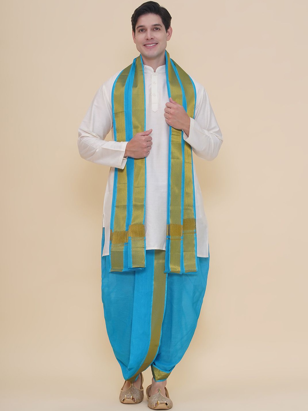

Sethukrishna Men Cotton Dhoti Pant with Angavastram, Turquoise blue