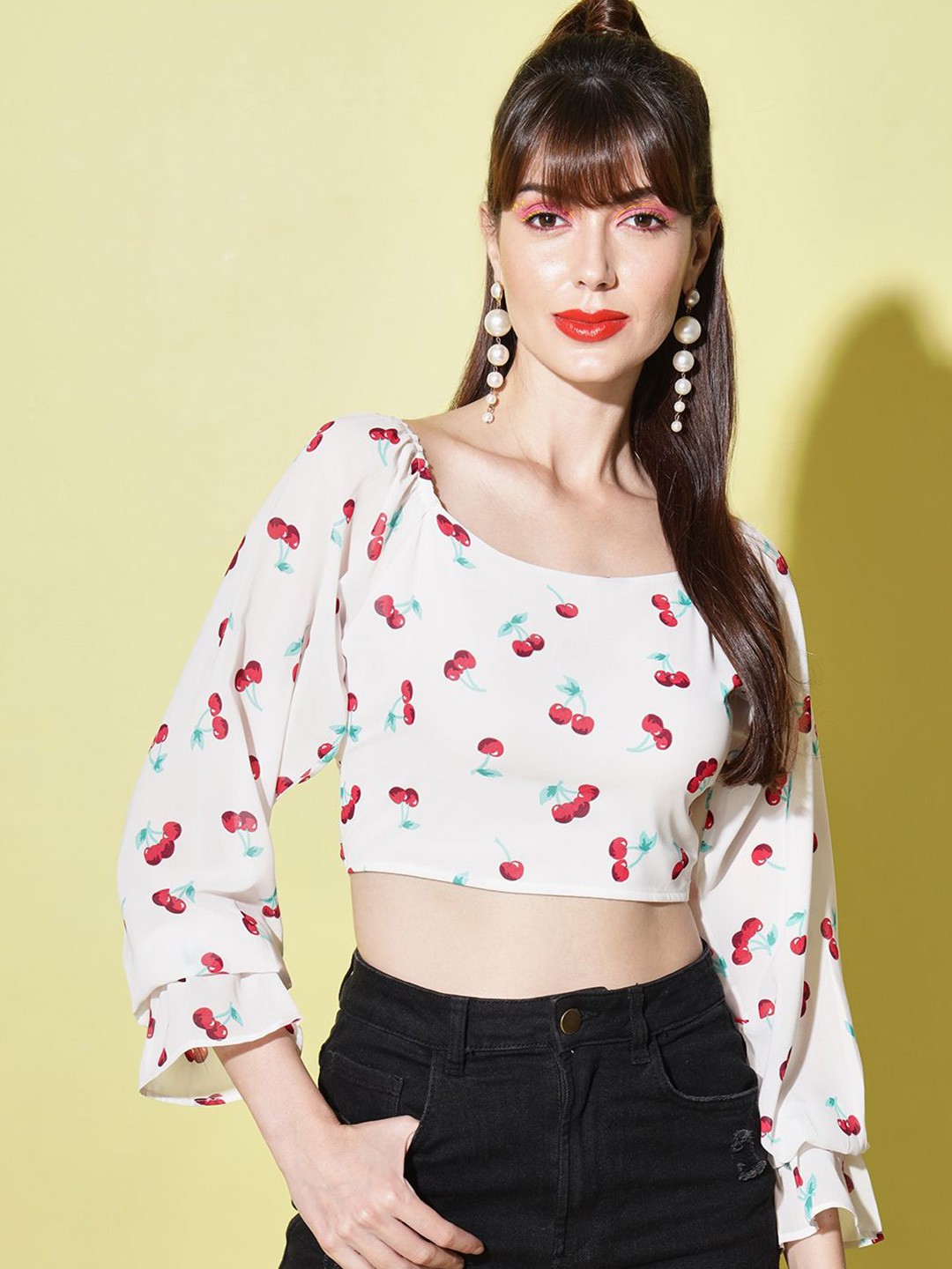 

Moda Rapido Women Floral Printed Bell Sleeve Georgette Crop Top, White