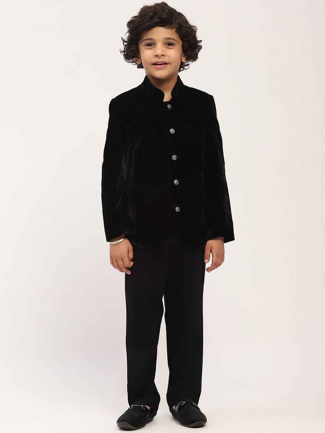 

SPUNKIES Boys Black Velvet Set With Mandarin Collar Jacket & Black Pant