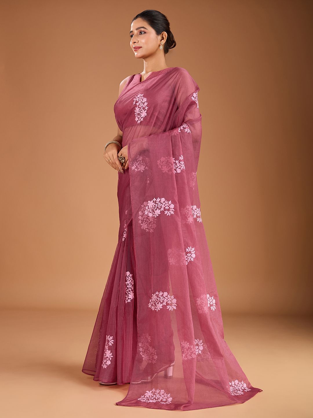 

House of Pataudi Paisley Embroidered Organza Saree, Mauve