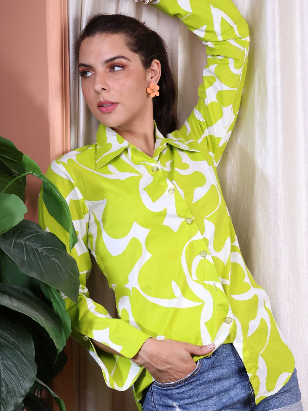

ALLUREARMOIRE Women Premium Fit Spread Collar Abstract Printed Cotton Casual Shirt, Fluorescent green