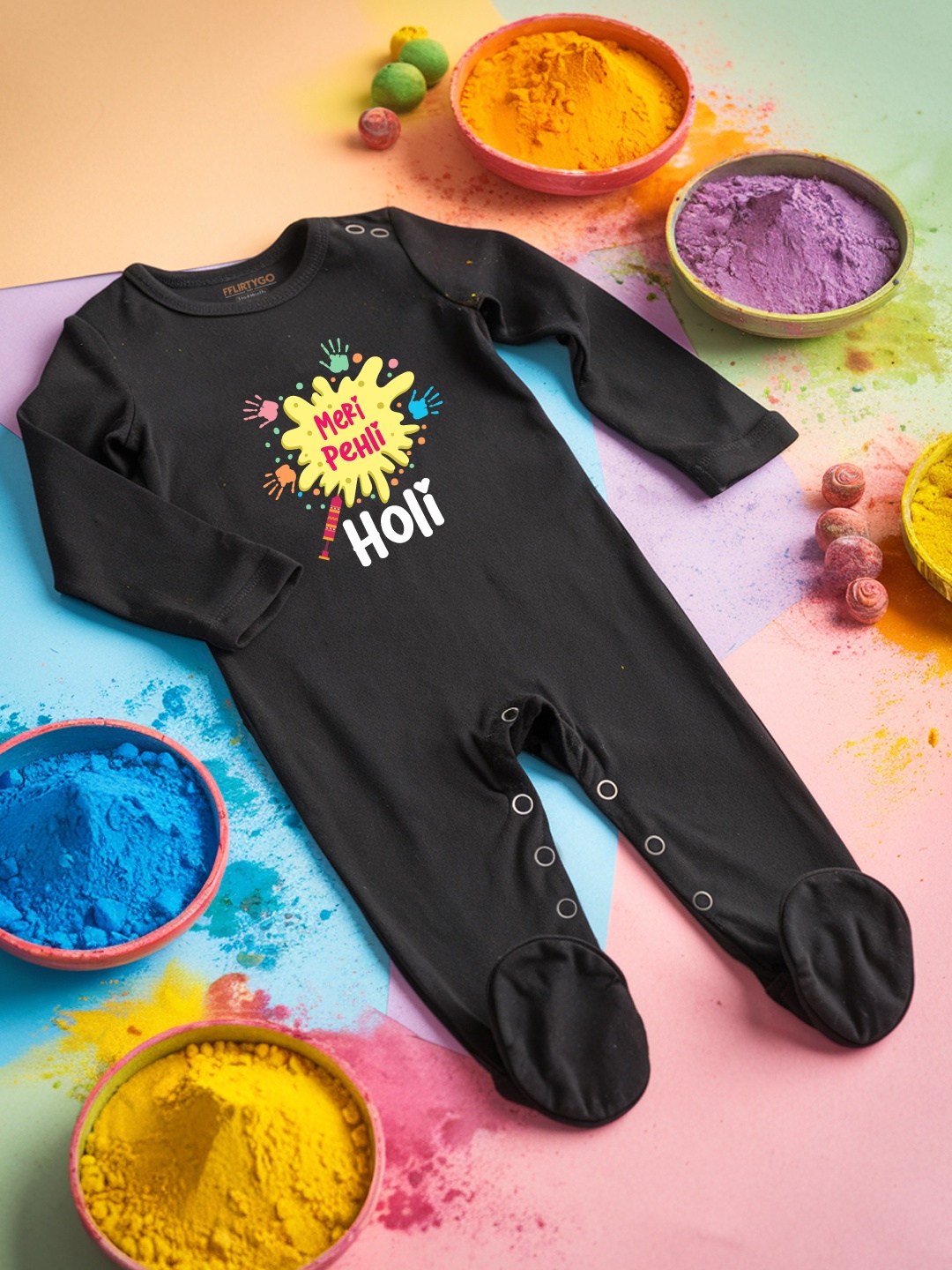 

FFLIRTYGO Infants Holi Printed Cotton Sleepsuit, Black